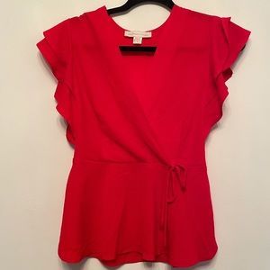 Cute Red V-Neck Top w/ Ruffle Cap Sleeves and Tie in the Front by Monteau LA